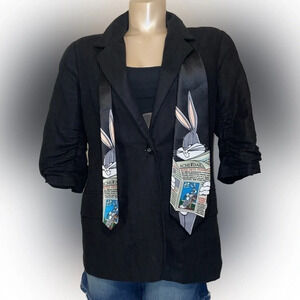 Warner brothers neck tie looney tunes bugs bunny character VTG 90s black satin